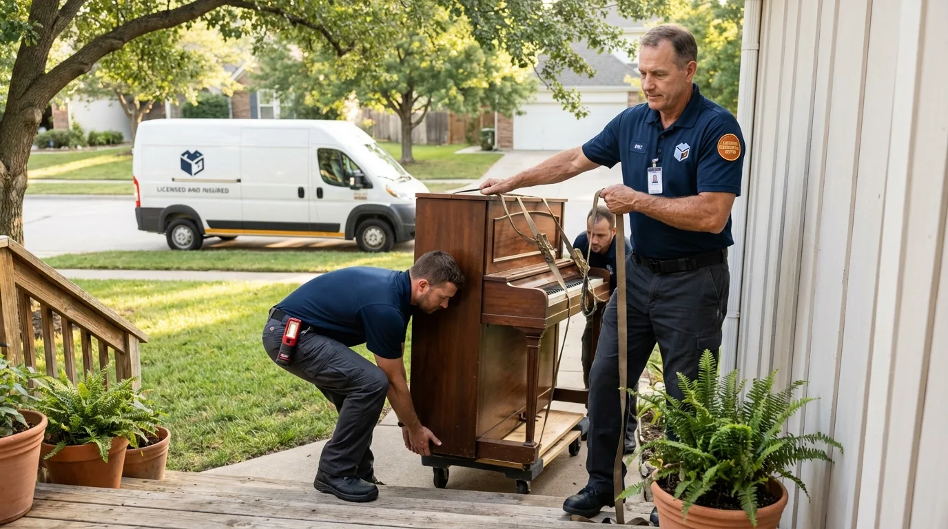 Licensed piano movers securing grand piano in Woodsboro, MD