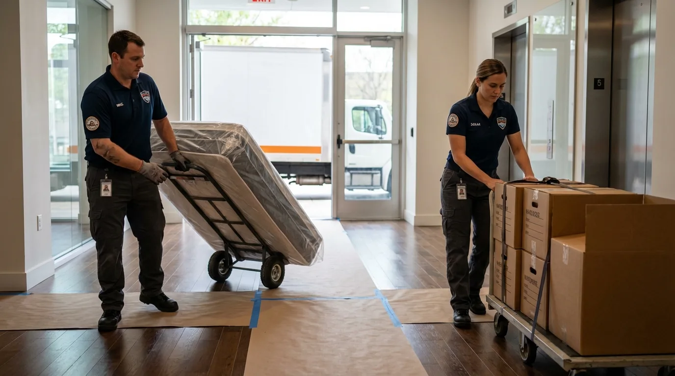 Professional apartment movers loading elevator in Woodsboro, MD